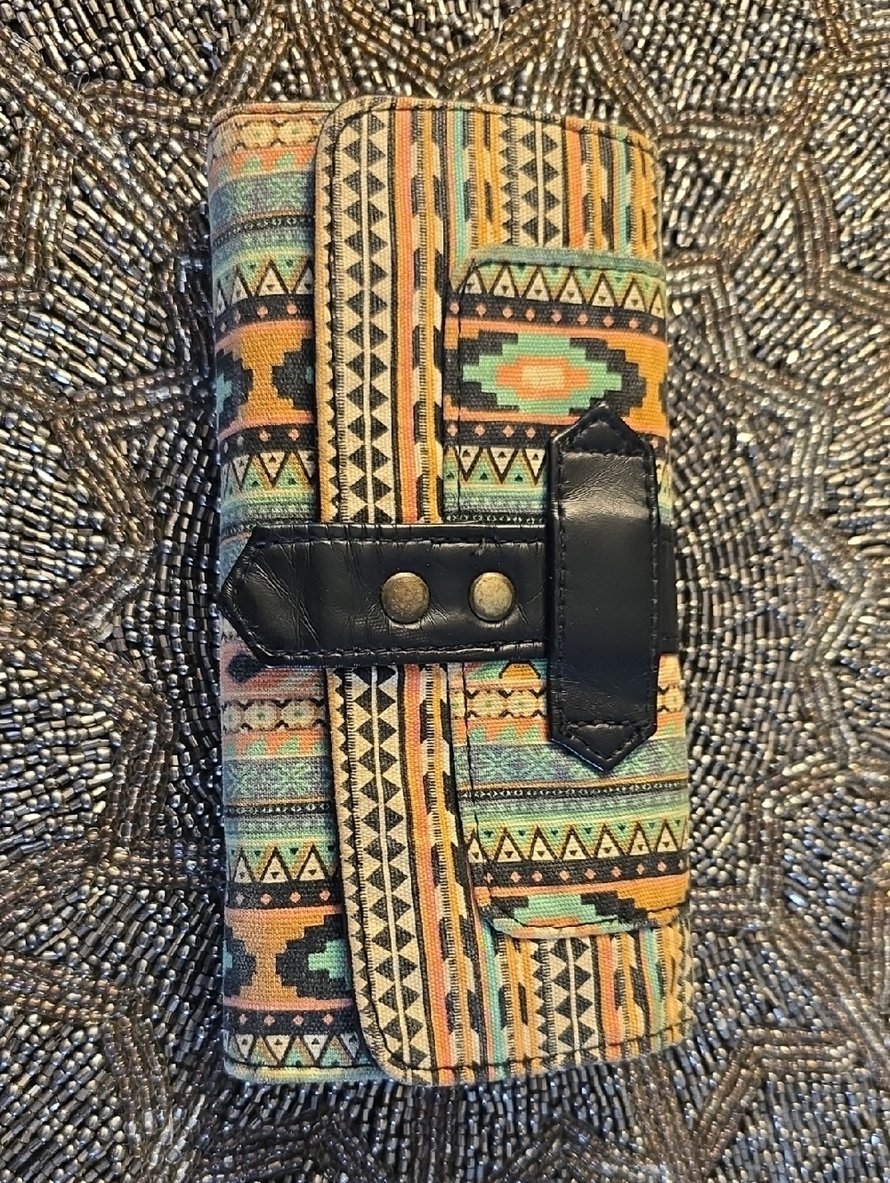 Boho Tribal Print Wallet in Orange, Teal & Black